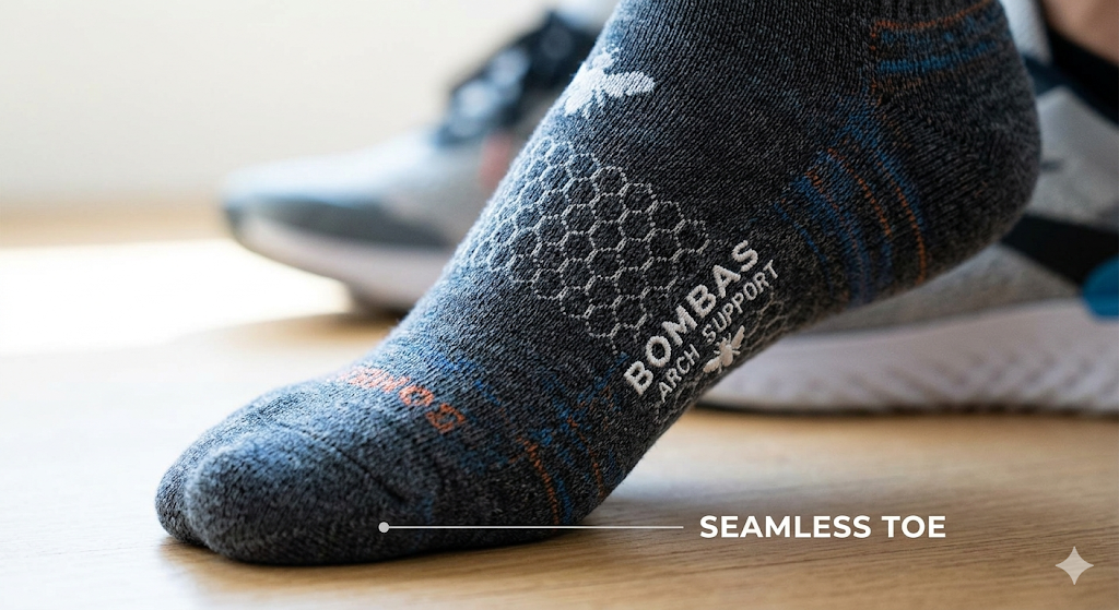 Close-up of the Bombas honeycomb arch support and seamless toe technology