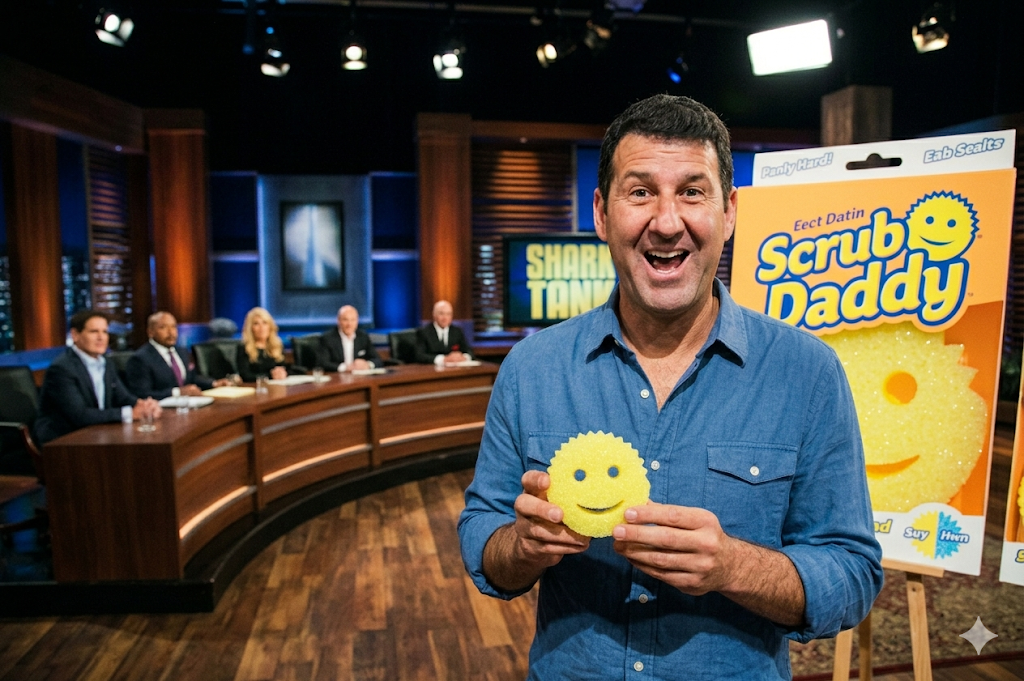 Aaron Krause holding the original Scrub Daddy sponge from the Shark Tank set