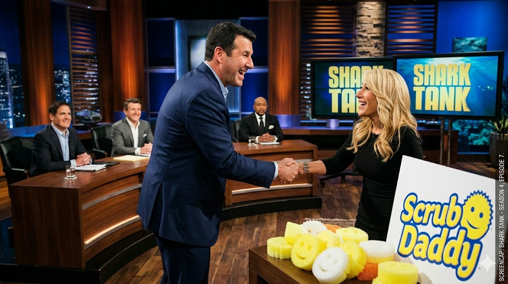 Aaron Krause shaking hands with Lori Greiner after closing the Scrub Daddy deal on Shark Tank